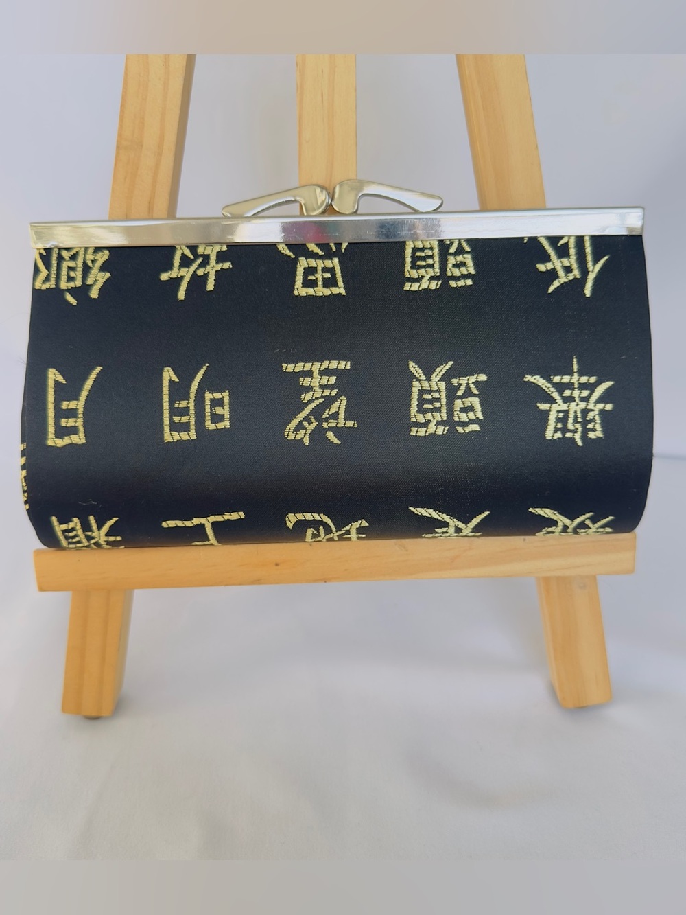 Evening Clutch Bag Asian Design Black with Gold Letters Silk Brocade Kiss-Lock